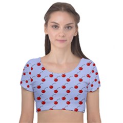 Kawaii Cherries Blue Pattern Velvet Short Sleeve Crop Top  by snowwhitegirl