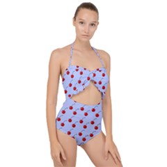 Kawaii Cherries Blue Pattern Scallop Top Cut Out Swimsuit by snowwhitegirl