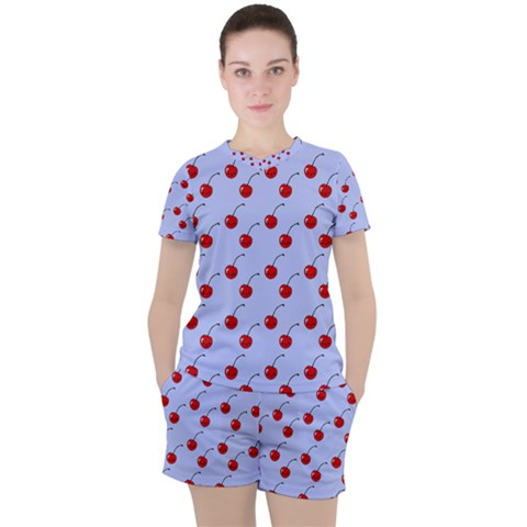 Kawaii Cherries Blue Pattern Women s Tee And Shorts Set by snowwhitegirl