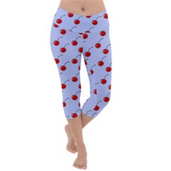 Kawaii Cherries Blue Pattern Lightweight Velour Capri Yoga Leggings by snowwhitegirl