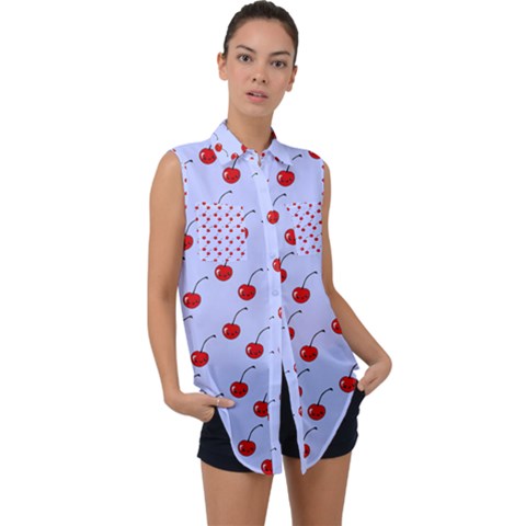 Kawaii Cherries Blue Pattern Sleeveless Chiffon Button Shirt by snowwhitegirl