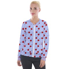 Kawaii Cherries Blue Pattern Velour Zip Up Jacket