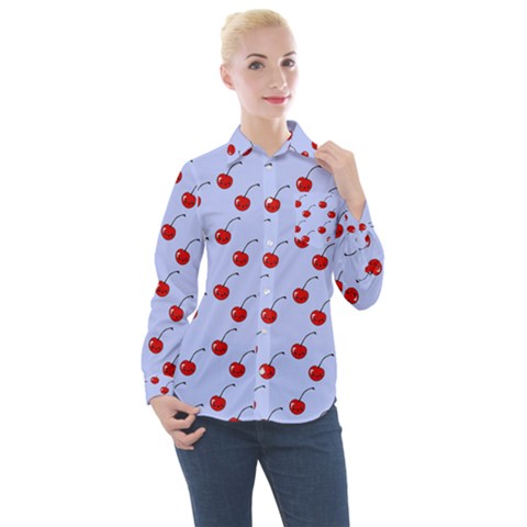 Kawaii Cherries Blue Pattern Women s Long Sleeve Pocket Shirt by snowwhitegirl