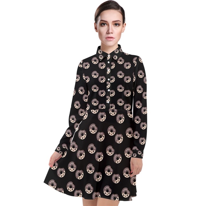 Kawaii Dougnut Black Pattern Long Sleeve Chiffon Shirt Dress