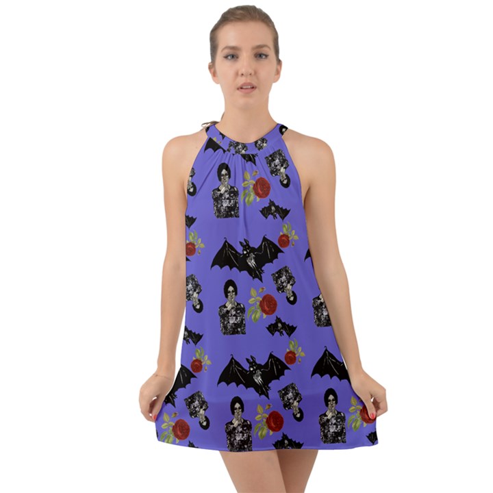 Goth Bat Floral Halter Tie Back Chiffon Dress