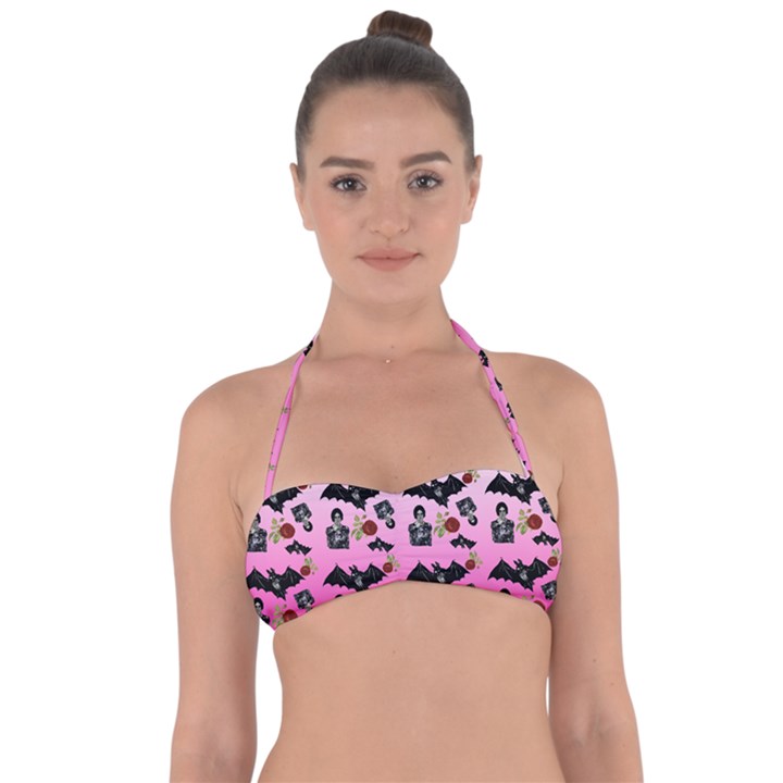 Pink Gradient Bat Pattern Halter Bandeau Bikini Top