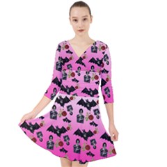 Pink Gradient Bat Pattern Quarter Sleeve Front Wrap Dress by snowwhitegirl