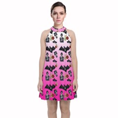 Pink Gradient Bat Pattern Velvet Halter Neckline Dress  by snowwhitegirl