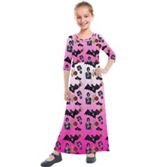 Pink Gradient Bat Pattern Kids  Quarter Sleeve Maxi Dress by snowwhitegirl