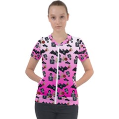 Pink Gradient Bat Pattern Short Sleeve Zip Up Jacket