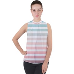 Horizontal Pinstripes In Soft Colors Mock Neck Chiffon Sleeveless Top