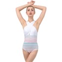 Horizontal pinstripes in soft colors Cross Front Low Back Swimsuit View1