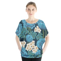 Blue flowers pattern Batwing Chiffon Blouse