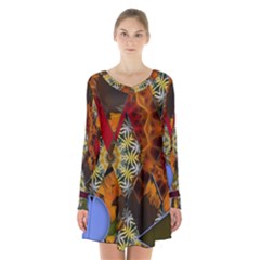 Sunflower Collage Long Sleeve Velvet V-neck Dress