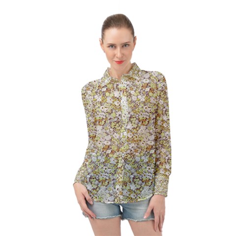 Tan Olive Green Floral Garden Design   Long Sleeve Chiffon Shirt by 1dsign