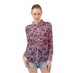 Pink Black Floral Design Long Sleeve Chiffon Shirt