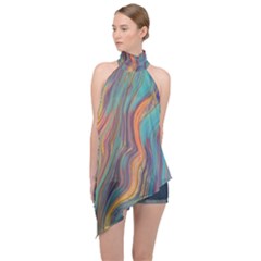 Colorful Sketch Halter Asymmetric Satin Top by bloomingvinedesign