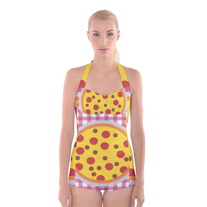 Pizza Table Pepperoni Sausage Copy Boyleg Halter Swimsuit 