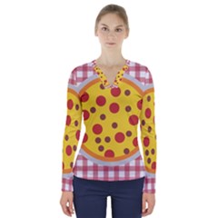 Pizza Table Pepperoni Sausage Copy V-neck Long Sleeve Top by Nexatart