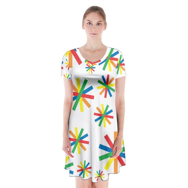 Celebrate Pattern Colorful Design Short Sleeve V-neck Flare Dress