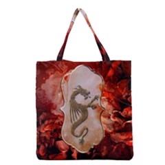 Wonderful Chinese Dragon With Flowers On The Background Grocery Tote Bag by FantasyWorld7