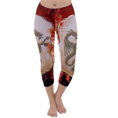 Wonderful Chinese Dragon With Flowers On The Background Capri Winter Leggings  by FantasyWorld7