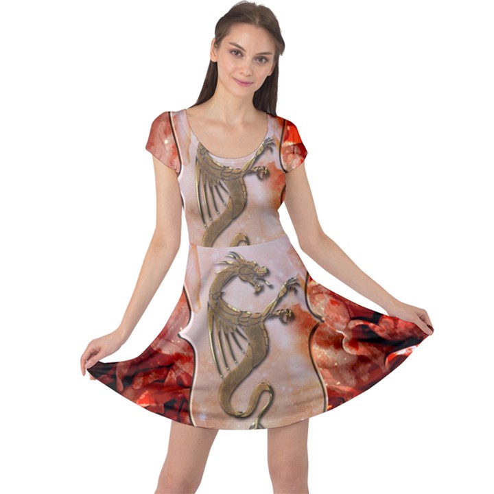 Wonderful Chinese Dragon With Flowers On The Background Cap Sleeve Dress