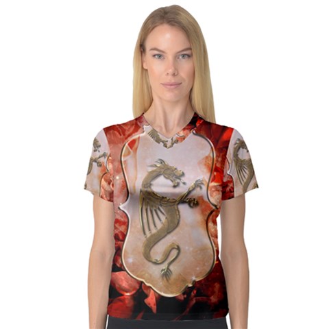 Wonderful Chinese Dragon With Flowers On The Background V-neck Sport Mesh Tee by FantasyWorld7