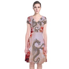 Wonderful Chinese Dragon With Flowers On The Background Short Sleeve Front Wrap Dress by FantasyWorld7