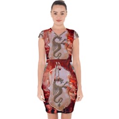 Wonderful Chinese Dragon With Flowers On The Background Capsleeve Drawstring Dress  by FantasyWorld7