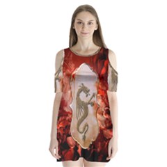 Wonderful Chinese Dragon With Flowers On The Background Shoulder Cutout Velvet One Piece by FantasyWorld7