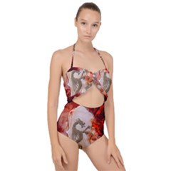 Wonderful Chinese Dragon With Flowers On The Background Scallop Top Cut Out Swimsuit by FantasyWorld7