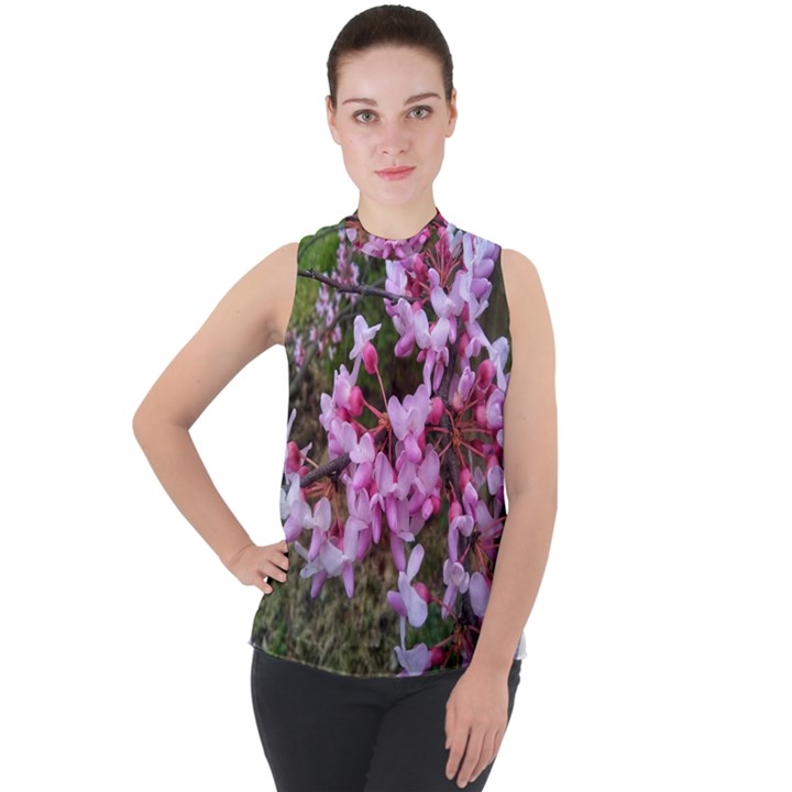 Redbud in April Mock Neck Chiffon Sleeveless Top