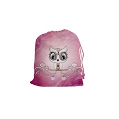 Cute Little Owl With Hearts Drawstring Pouch (small) by FantasyWorld7