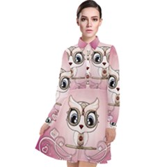 Cute Little Owl With Hearts Long Sleeve Chiffon Shirt Dress by FantasyWorld7