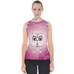 Cute Little Owl With Hearts Mock Neck Shell Top by FantasyWorld7