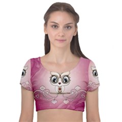 Cute Little Owl With Hearts Velvet Short Sleeve Crop Top  by FantasyWorld7