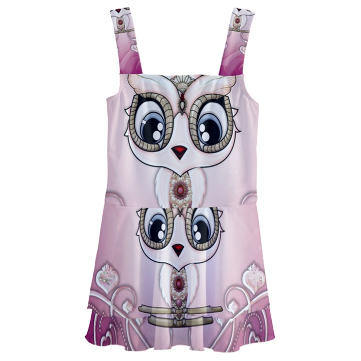 Cute Little Owl With Hearts Kids  Layered Skirt Swimsuit