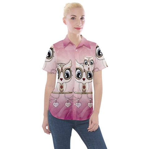 Cute Little Owl With Hearts Women s Short Sleeve Pocket Shirt by FantasyWorld7