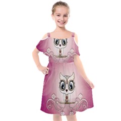 Cute Little Owl With Hearts Kids  Cut Out Shoulders Chiffon Dress by FantasyWorld7