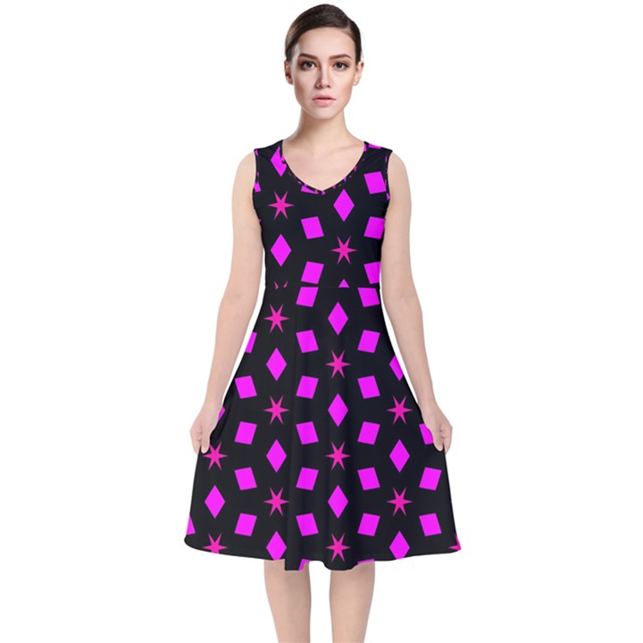 Pattern Stars Squares Texture V-Neck Midi Sleeveless Dress 