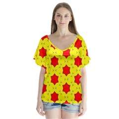 Pattern Red Star Texture Star V-neck Flutter Sleeve Top by Nexatart