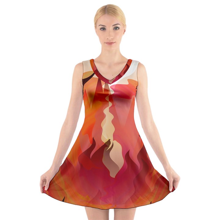 Fire Abstract Cartoon Red Hot V-Neck Sleeveless Dress