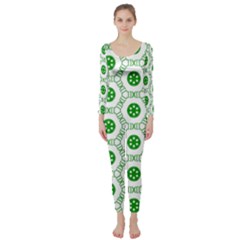 White Background Green Shapes Long Sleeve Catsuit by Nexatart