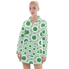 White Background Green Shapes Women s Long Sleeve Casual Dress