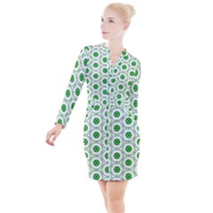 White Background Green Shapes Button Long Sleeve Dress by Nexatart