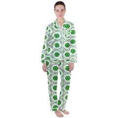 White Background Green Shapes Satin Long Sleeve Pyjamas Set