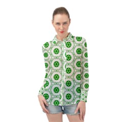 White Background Green Shapes Long Sleeve Chiffon Shirt