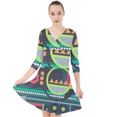 Background Colors Abstract Shapes Quarter Sleeve Front Wrap Dress