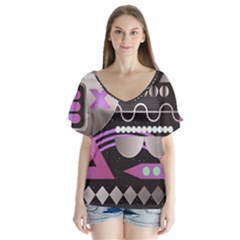 Background Abstract Geometric V-neck Flutter Sleeve Top by Nexatart